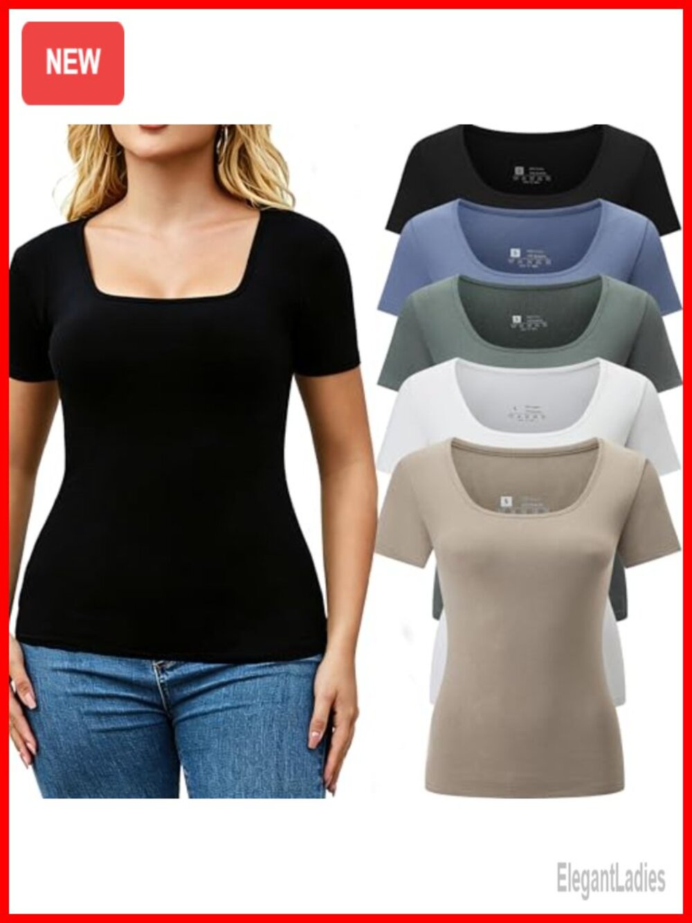 5 Pack Women's Square Neck Short Sleeve Slim Fit Tee Casual Basic Top